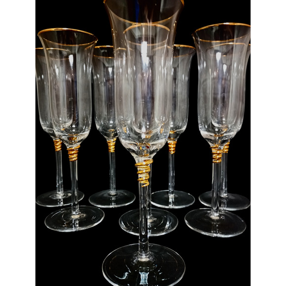 Vintage Gold Rimmed Fused Swirl On Stem Champagne Flutes Set Of 8
